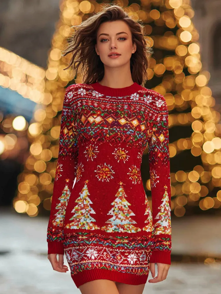 Women's Christmas Tree Colorful Red Round Neck Knitted Dress