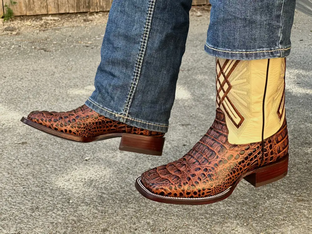 Mens Cognac Crocodile Leather Boots With Yellow Shaft