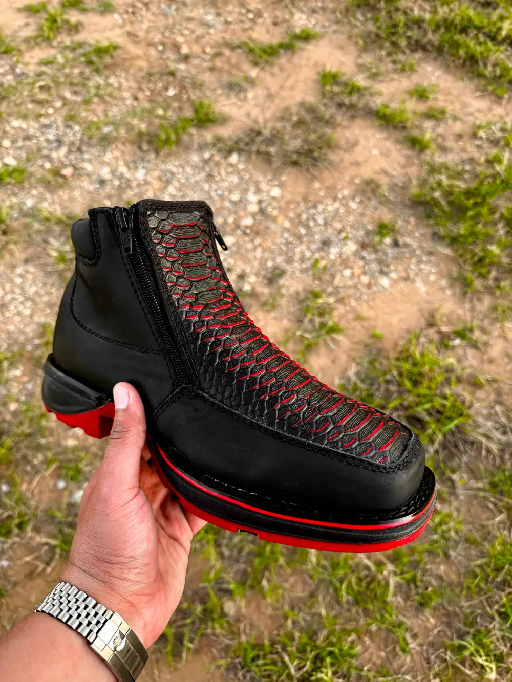 Black Cherry Python Leather Botin With 3D Lightweight Soles - Square Toe