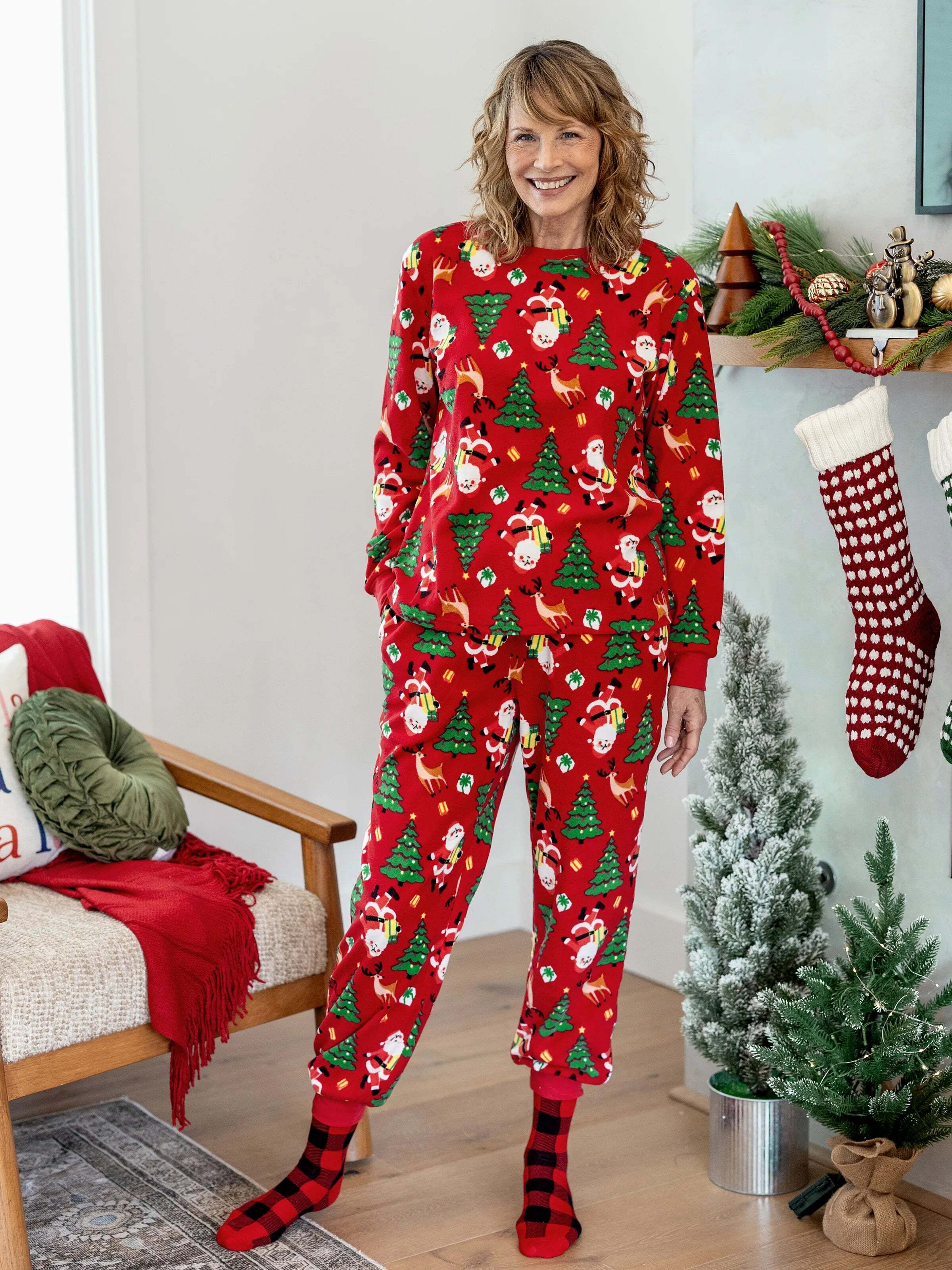 Christmas Matching Family Pajamas Set Santa Claus and Christmas Tree Print Red Fleece PJS with Christmas Socks Red