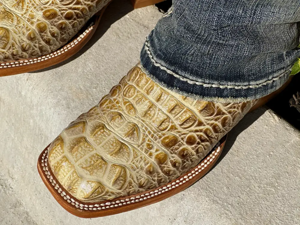 Men’s Bone Crocodile Leather Boots With Orange  Shaft