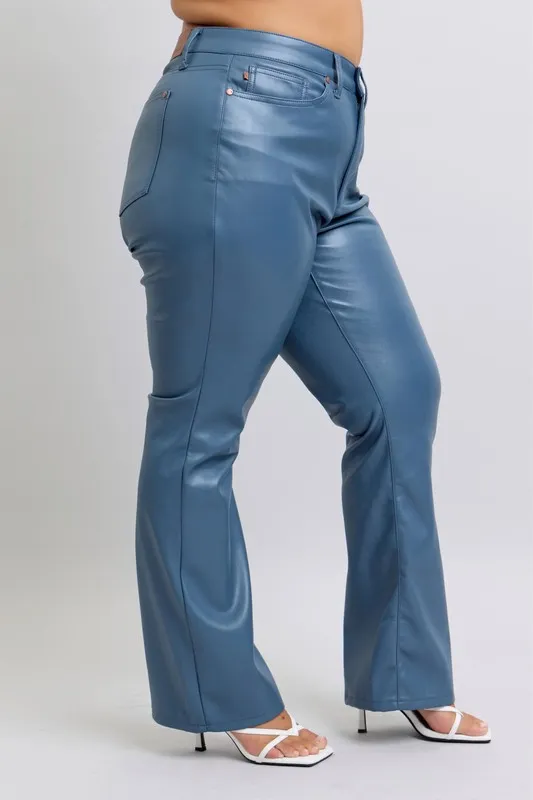 Blue Full Size High Waist Tummy Control Faux Leather Bootcut Pants Plus Size
