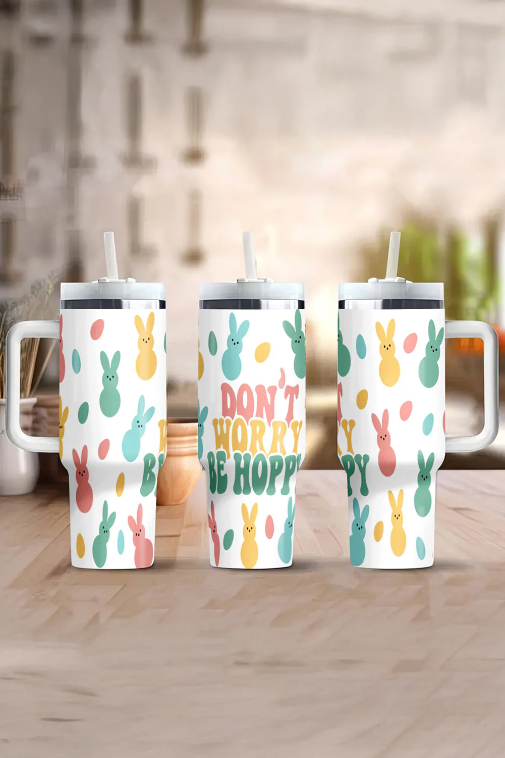 White DONT WORRY BE HOPPY Bunny Print Thermal Tumbler 40oz