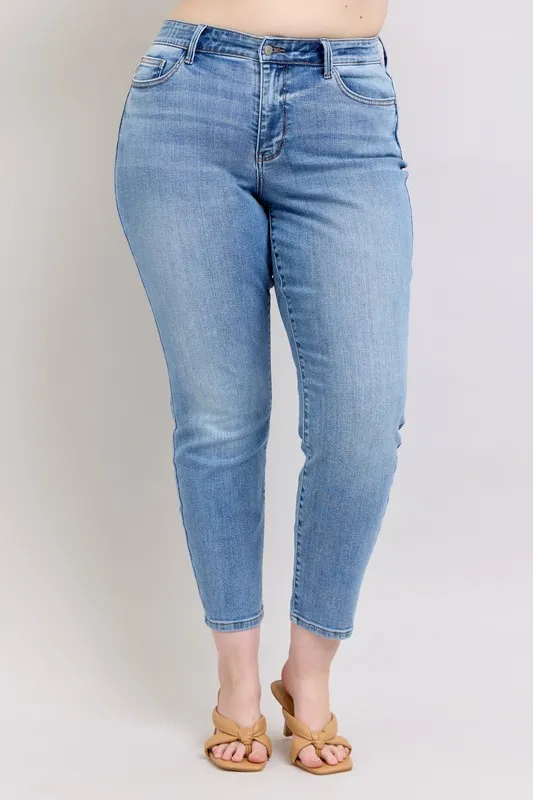Blue Full Size Mid Rise Vintage Wash Slim Jeans with Cell Phone Pocket Plus Size