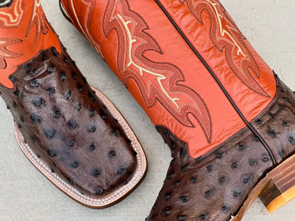 Mens Brown Ostrich Leather Boots With Orange Shaft