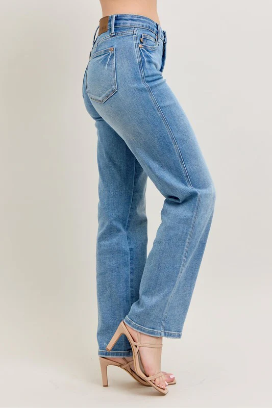 Blue Full Size Tummy Control Vintage Wash Straight Jeans Plus Size