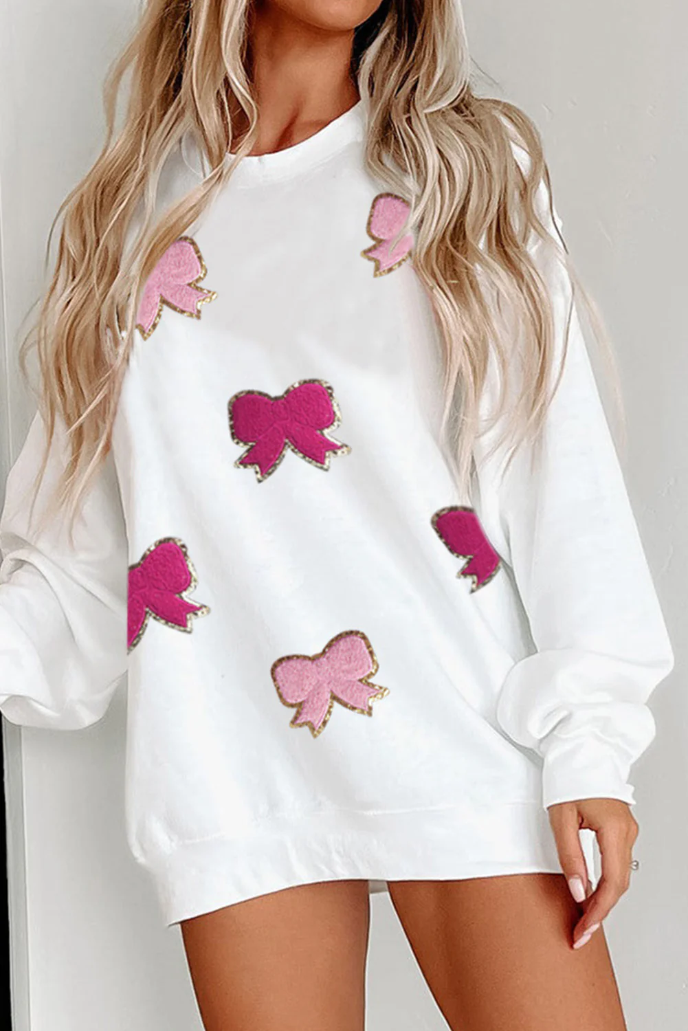 Chenille Bowknot Graphic Drop Shoulder Baggy Sweatshirt