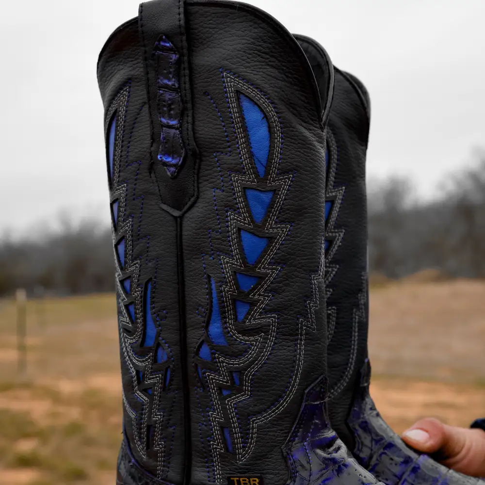 Black/Royal Blue Caiman Hornback Leather Boots - Square Toe