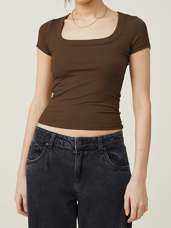 Solid Color Short Sleeves Skinny Square-neck T-Shirts Tops