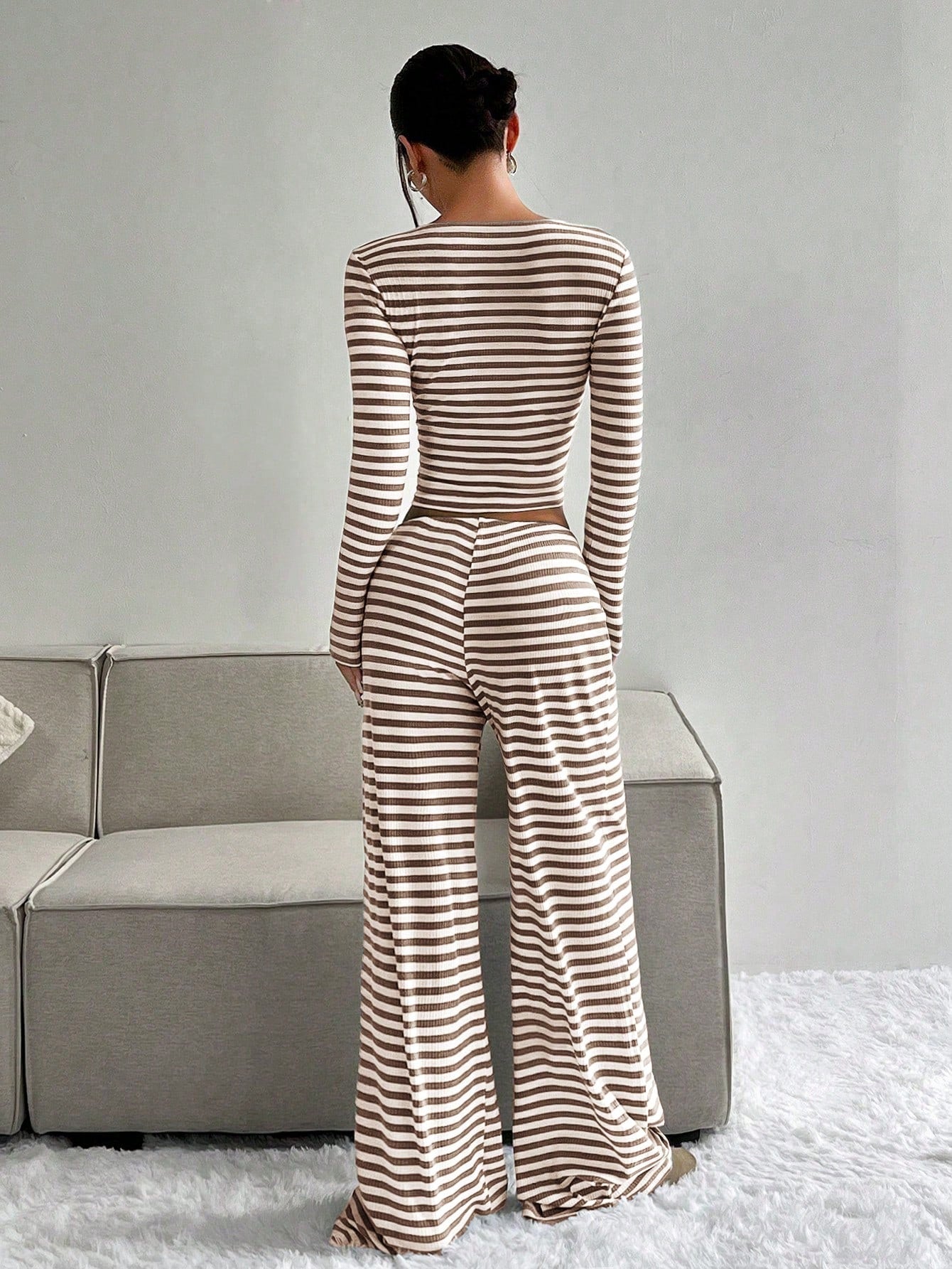 Women's Slouchy Square Neck Stripe Long Sleeve Crop Top & Low-Rise Wide Leg Trousers Co-ord, Minimalist Two Piece Outfits, Cozy Womenswear