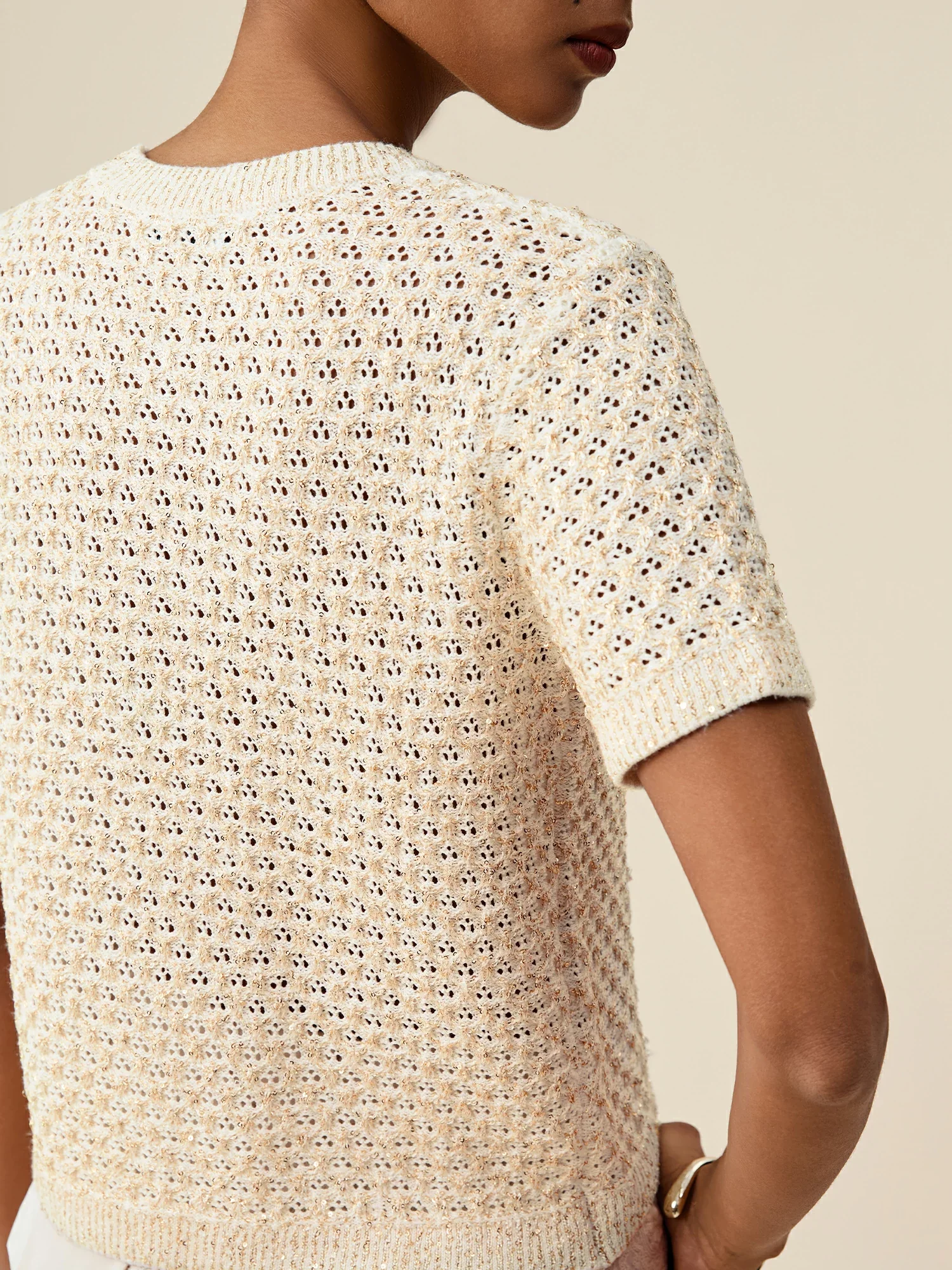 Mulberry Silk Openwork Sequin Knitted T-Shirt