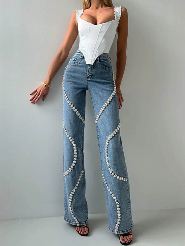 Pockets Split-Joint High Waisted Wide Leg Jean Pants Bottoms