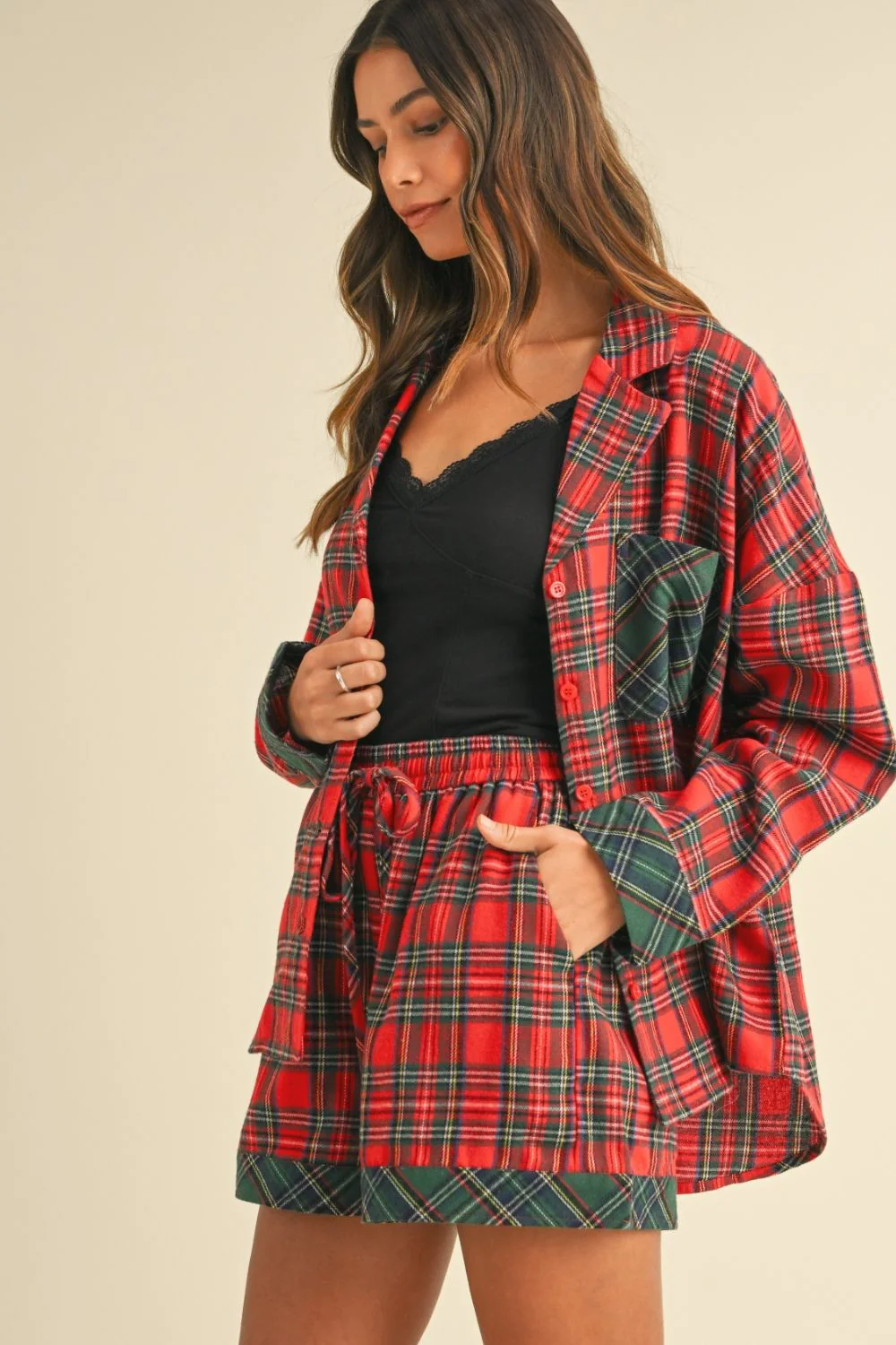 Wear Contrast Plaid Long Sleeve Top and Shorts Set