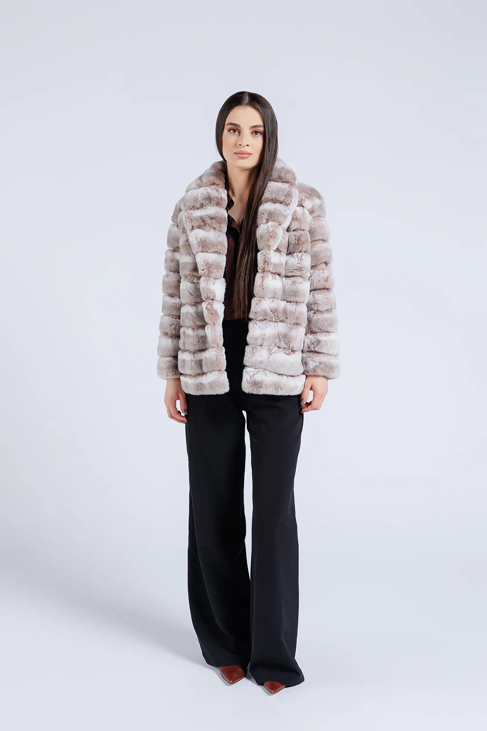 Haină din Blană Naturală de Rex Chinchilla, Guler Rever, Femei, Pearl 176