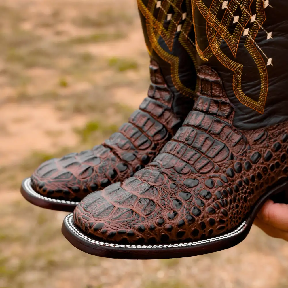 Chocolate Brown Caiman Neck Leather Boots - Square Toe