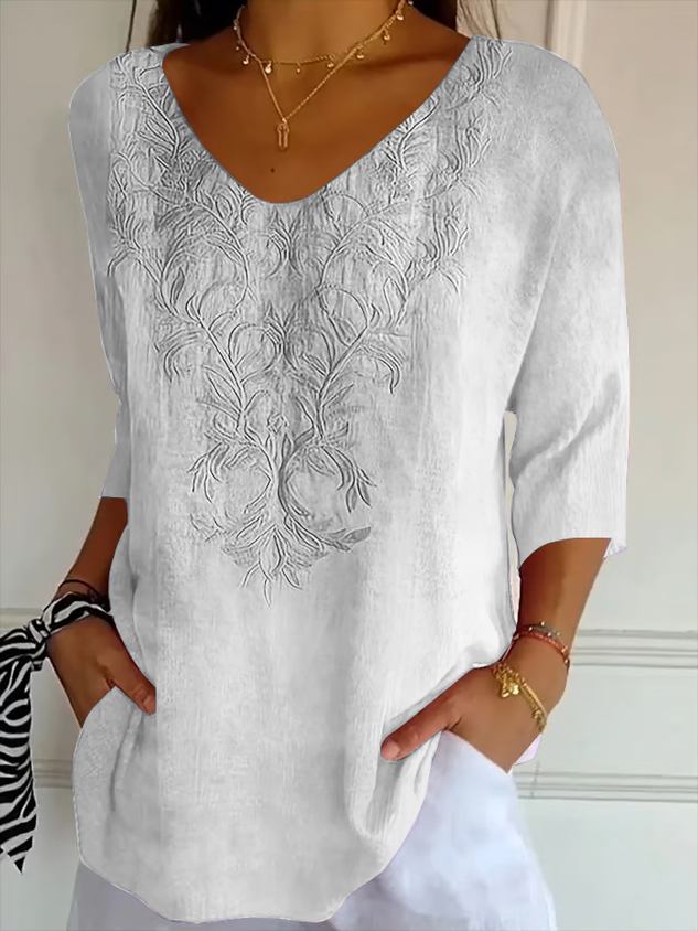 Women Casual Floral V neck Printing Daily Loose Three Quarter Sleeve T-shirts