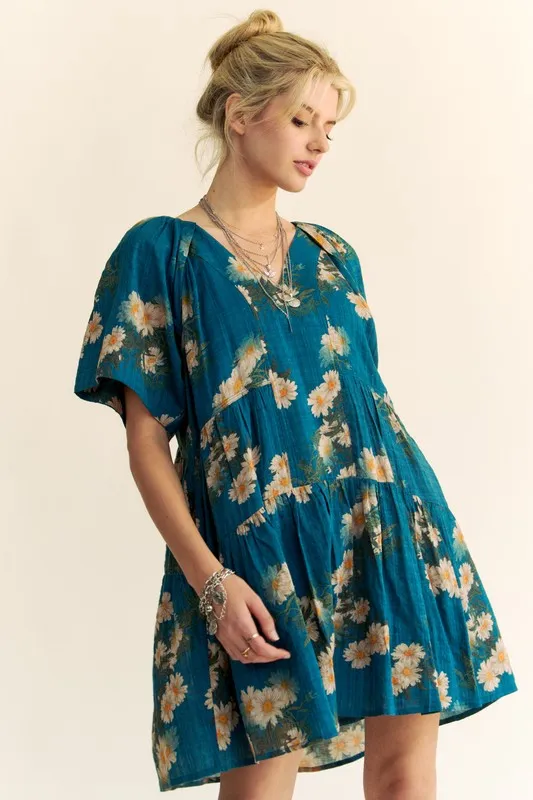 Floral Print Short Bell Sleeve Pleated Mini Dress