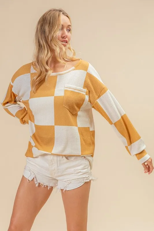 Checker Printed Hacci Top With Front Pocket