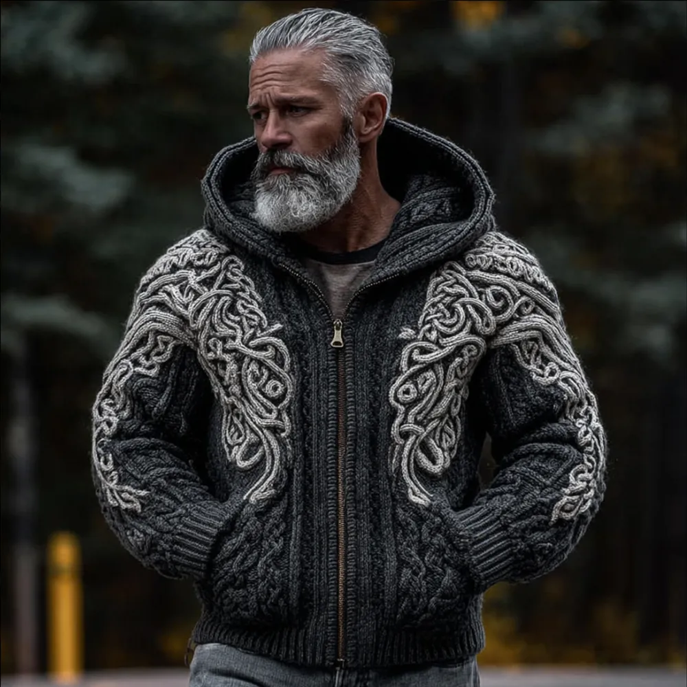Men's Viking Style Contrasting Thick Needle Hooded Cardigan Sweater