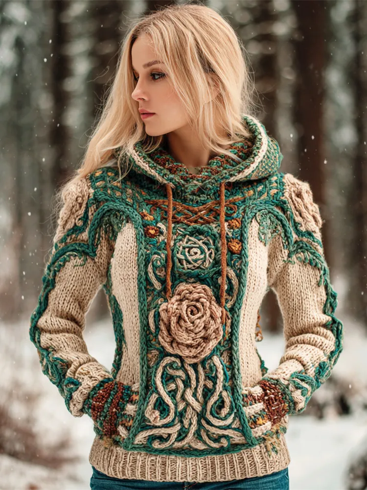 Celtic Knot & Rose Knit Art Women's Hooded Sweater