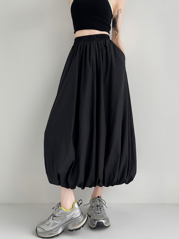 Elasticity Pleated Pockets Solid Color A-Line Loose Skirts Bottoms