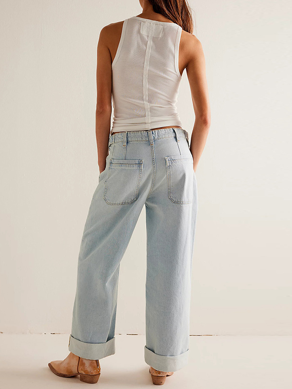 Casual Non-Stretch Washed Straight Wide-Leg Jeans Pants
