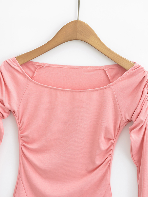 Pleated Solid Color Flared Sleeves Long Sleeves Boat Neck T-Shirts Tops