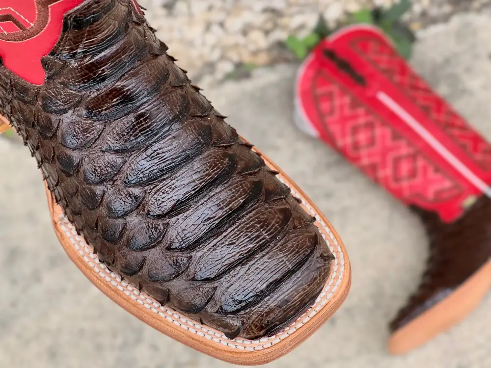 Men’s Brown Python Leather Boots With Red- Brown Embroidery Shaft