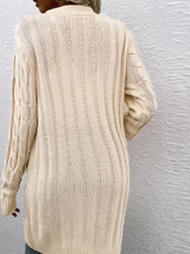 Women's Cardigan Sweater Cowl Cable Knit Faux Fur Button Pocket Summer Fall Long Daily Holiday Going out Stylish Casual Soft Long Sleeve Solid Color Black Yellow Light Green S M L