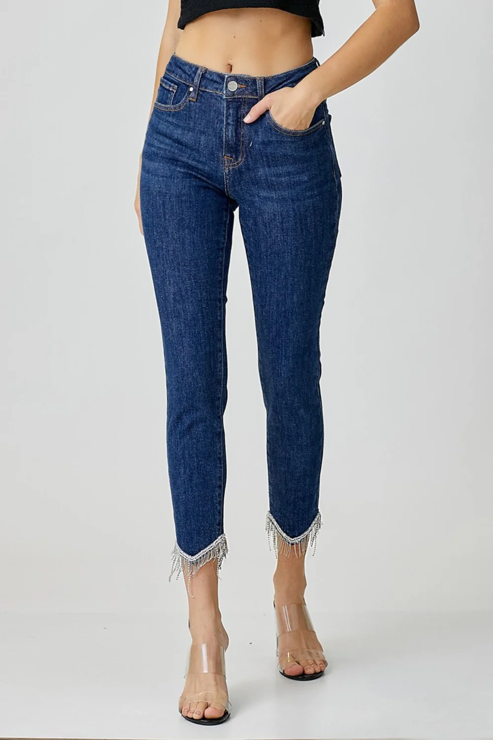Full Size Embellished Mid Rise Crop Skinny Jeans