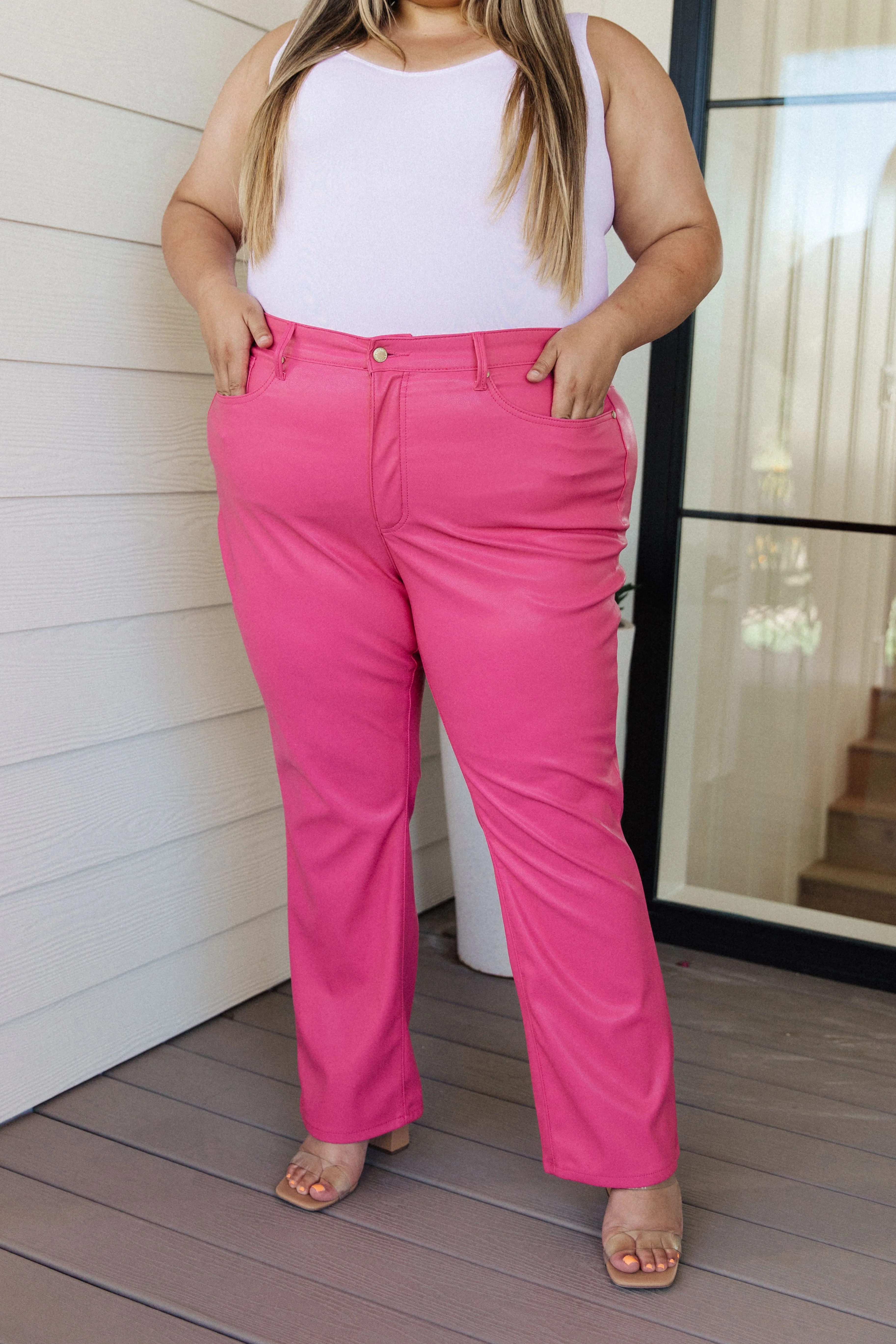 Blue Tanya Control Top Faux Leather Pants in Hot Pink