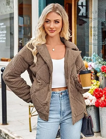 Women's Bomber Jacket Corduroy Ribbed Quilted Zip Up Long Sleeve Winter Coat Fall Outerwear Tops with Pockets