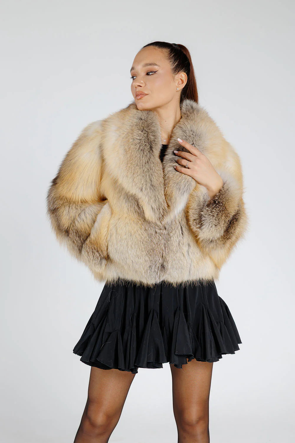 Haină din Blană Naturală de Vulpe, cu Guler Rever, Femei, Gold Frost 382