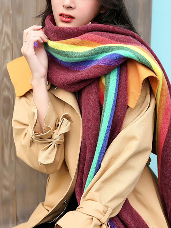 Contrast Color Keep Warm Multi-Colored Tasseled Scarf