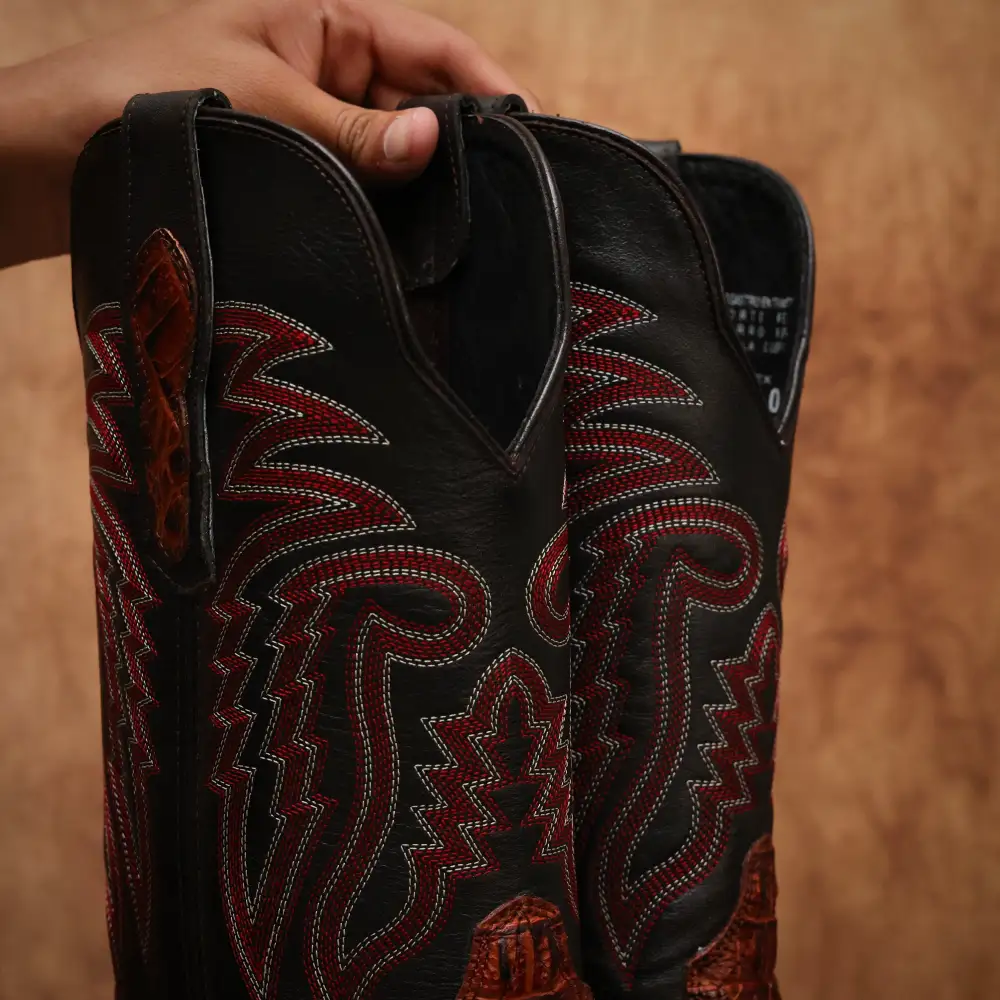 Cognac Caiman Neck Leather Boots - Square Toe