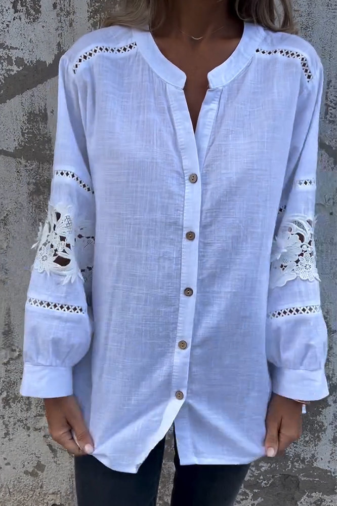 Women's Cotton And Linen Hollow Flower Pattern Shirt