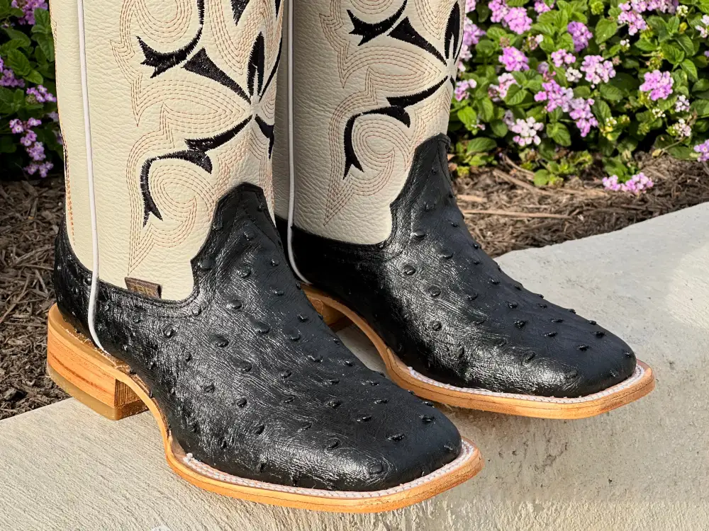 Mens Black Ostrich  Leather Boots With Beige Shaft