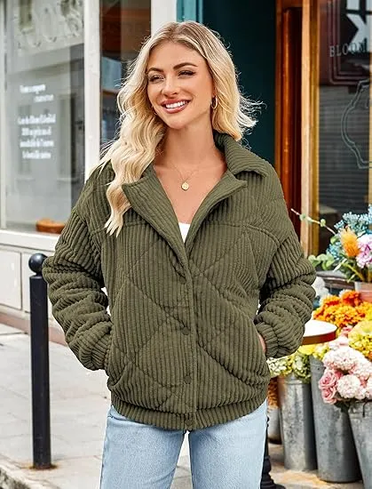 Women's Bomber Jacket Corduroy Ribbed Quilted Zip Up Long Sleeve Winter Coat Fall Outerwear Tops with Pockets