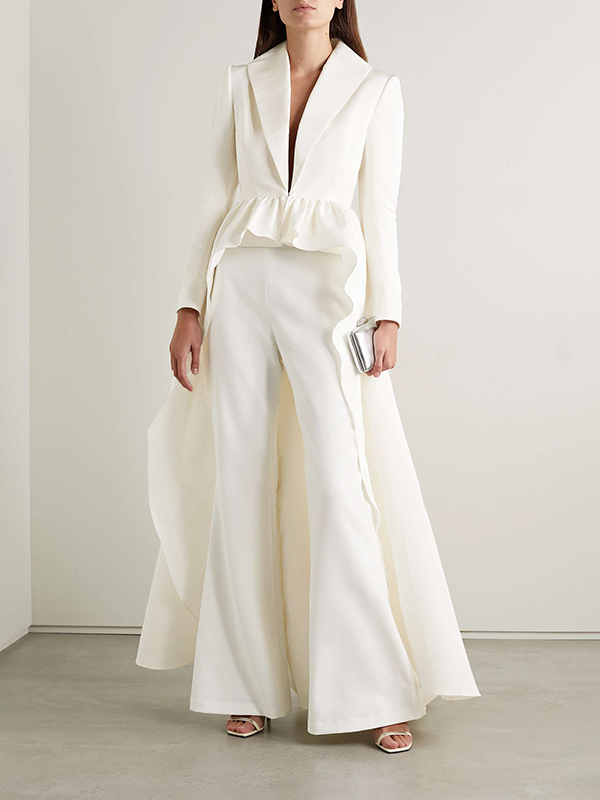 High-Low Wrap Falbala Solid Color V-Neck Shirts Tops&Pants Two Pieces Set