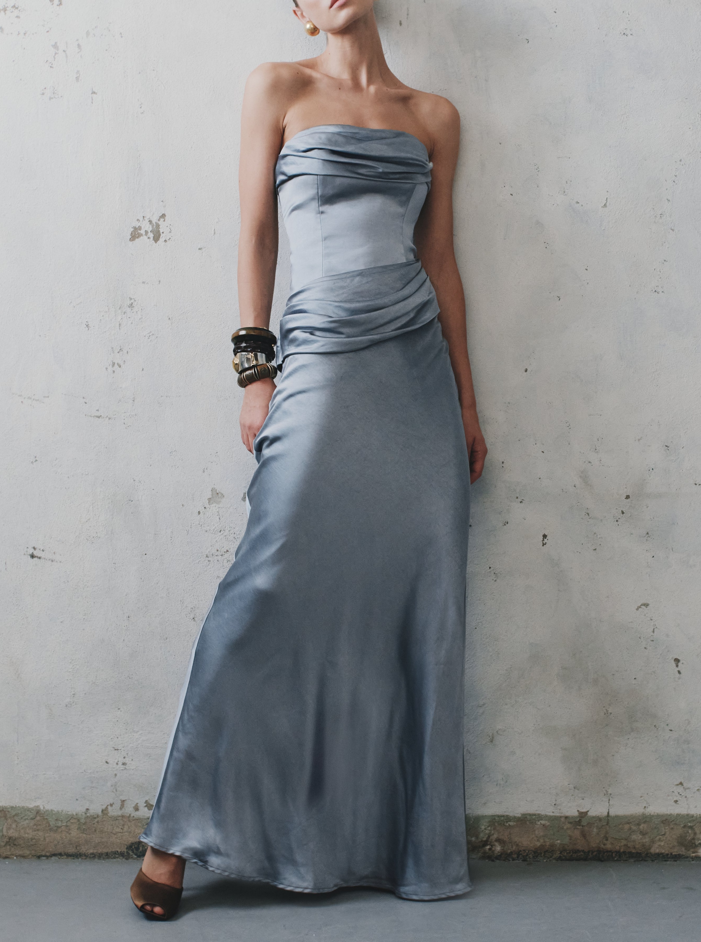 Blue Strapless Satin Maxi Dress