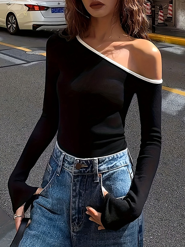 Asymmetric Long Sleeves Skinny One-Shoulder T-Shirts Tops