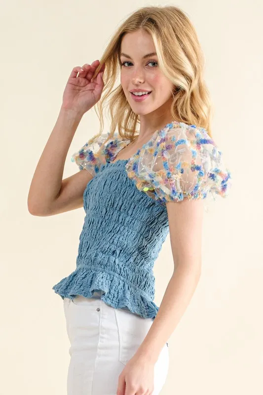 Embellishment Sleeve Smocked Top