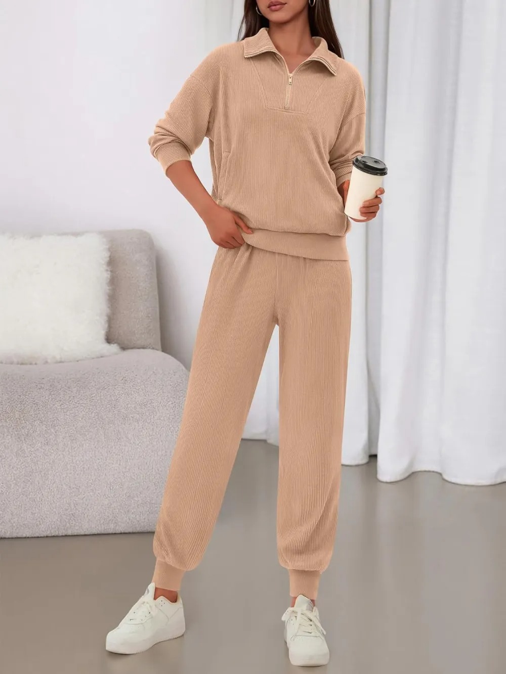 Women's Long Sleeve Half Zip Sweatshirt Sweatpants Lounge Set Sweatsuits with Pockets