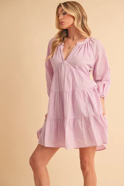 Notched Balloon Sleeve Tiered Mini Dress