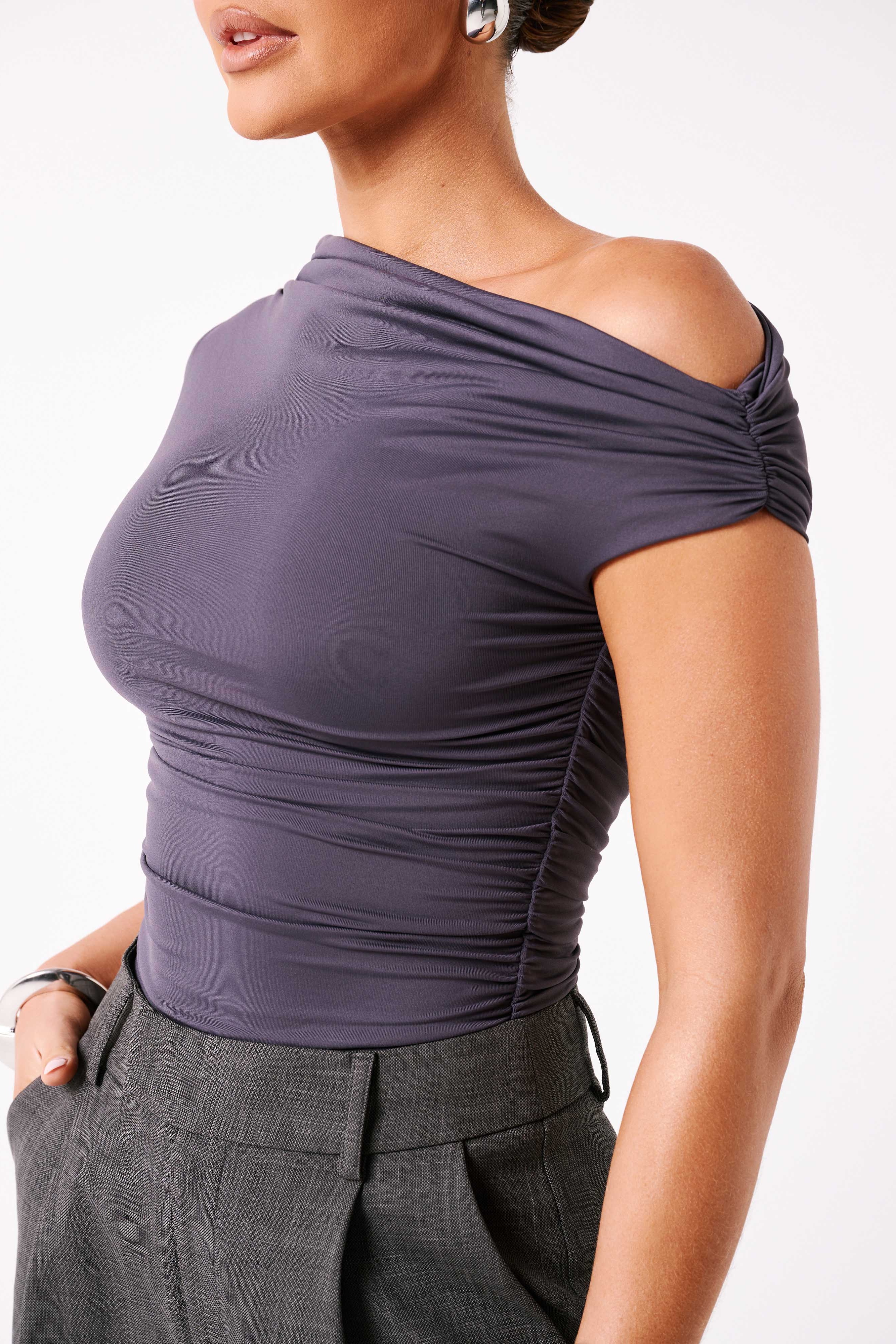 Charcoal Recycled Nylon Ruched Top