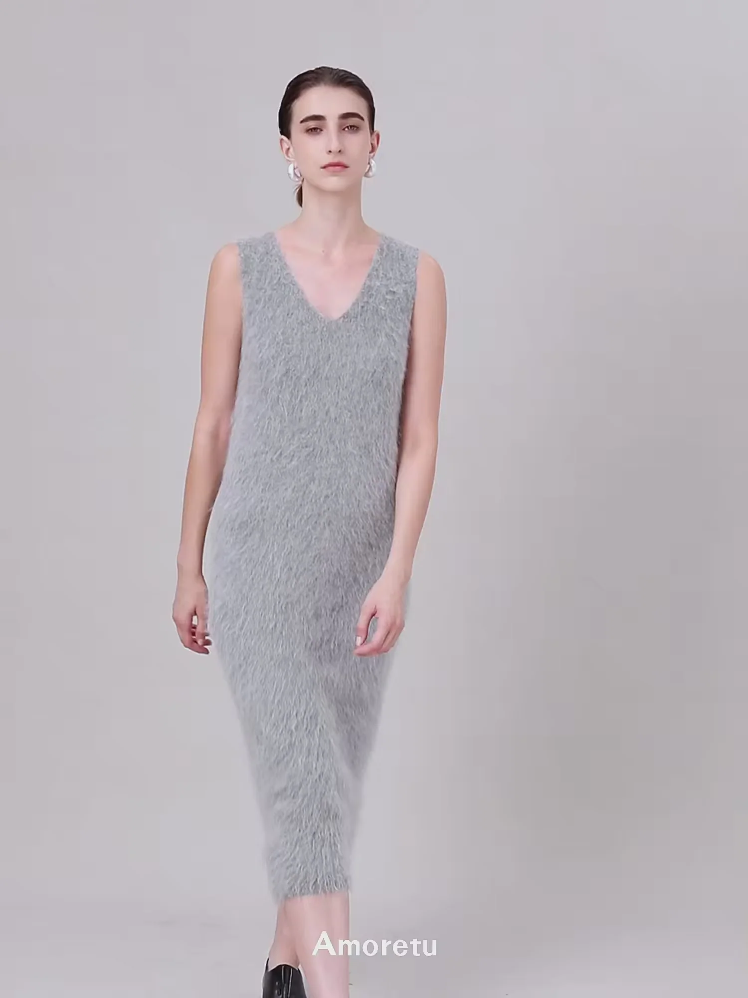 Alpaca V-Neck Sleeveless Plush Knit Vest Dress