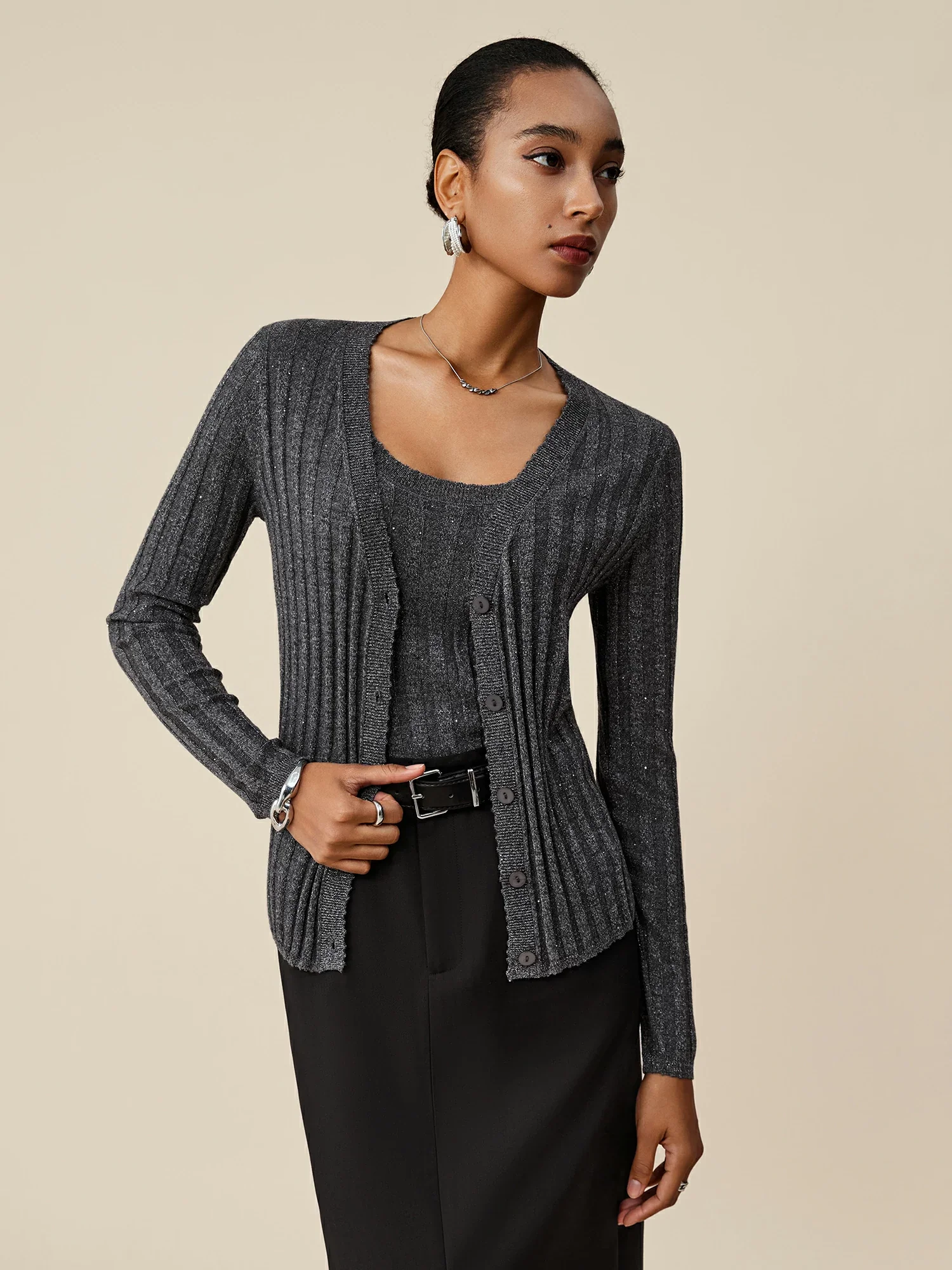 Wool V-Neck Long-Sleeved Sequin Knitted Cardigan