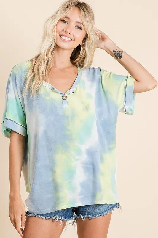 Tie Dye French Terry Top With Buttoned Placket