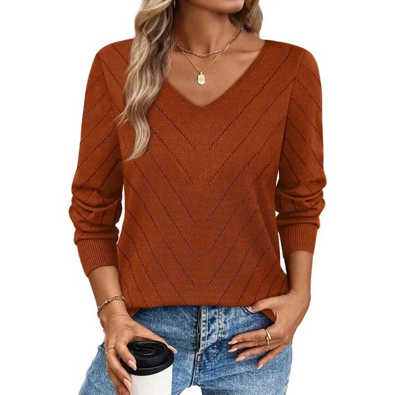 V-Neck Knit Sweater for Women - Apricot Basic Fitted Minimalist Crochet Details Breathable Lightweight Pullover Top