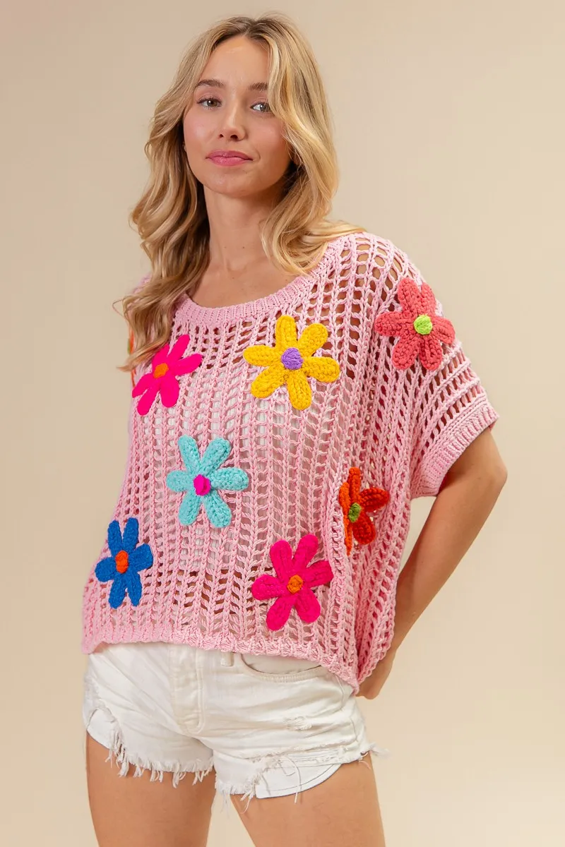 Flower Patches Short Sleeve Knit Cover Up